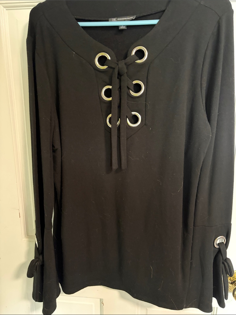 INC International Concepts Black Lace-Up Grommet Long Sleeve Top